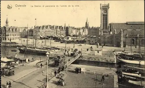 Ak Oostende Ostende Westflandern, La Station et panorama de l'entrée de la ville