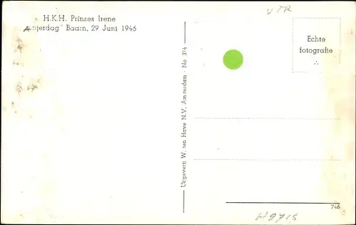 Ak Prinzessin Irene der Niederlande, Anjerdag, Baarn, 29 Juni 1946