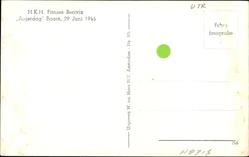 Ak Prinzessin Beatrix der Niederlande, Anjerdag, Baarn 1946