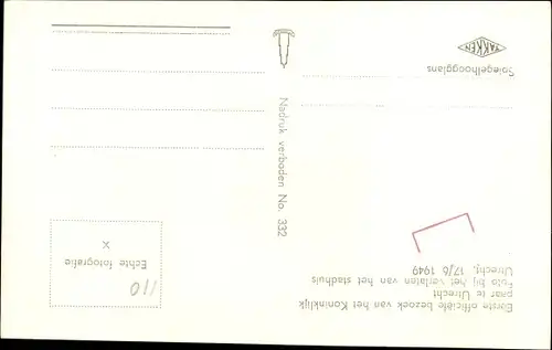Ak Königin Juliana der Niederlande, Prinz Bernhard, Utrecht, stadhuis, 1949