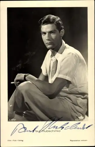 Ak Schauspieler Paul Hubschmid, Portrait, Zigarette rauchend, Autogramm