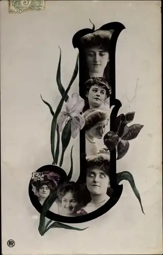 Buchstaben Ak Buchstabe J, Frauenportraits, Blumen