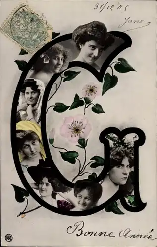 Buchstaben Ak Buchstabe G, Frauenportraits, Blumen