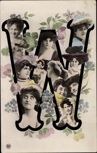 Buchstaben Ak Buchstabe W, Frauenportraits, Blumen