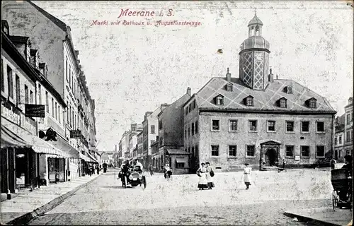 Ak Meerane in Sachsen, Markt mit Rathaus und Augustusstraße, Geschäft M. Hamburger