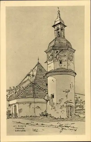 Künstler Ak Ermer, Franz, Burghausen an der Salzach Bayern, Uhrturm