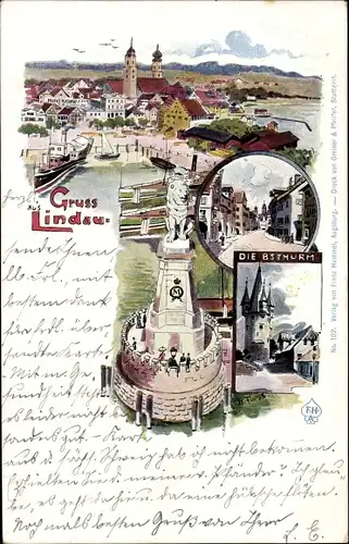 Litho Lindau am Bodensee Schwaben, Diebsturm, Hafeneinfahrt