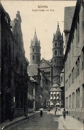 Ak Worms am Rhein, Hagen-Straße mit Dom