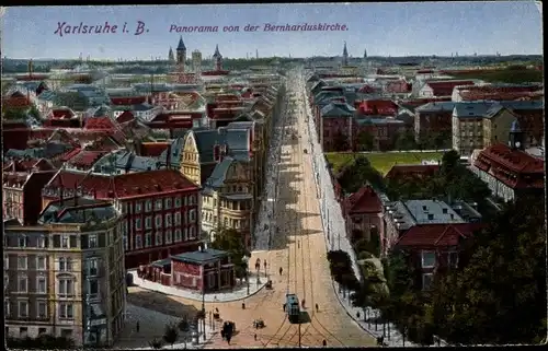 Ak Karlsruhe in Baden, Panorama von der Bernharduskirche