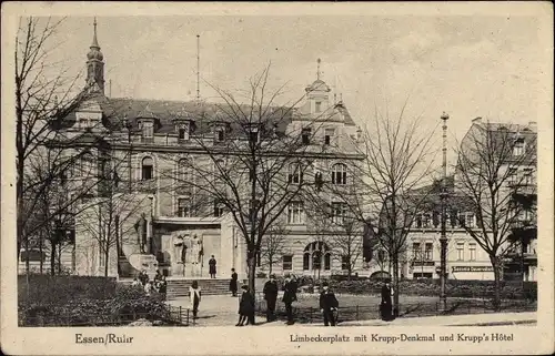 Ak Essen im Ruhrgebiet, Limbecker Platz mit Kruppdenkmal und Krupps Hotel