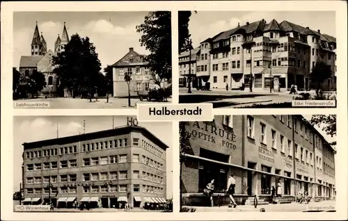 Ak Halberstadt in Sachsen Anhalt, Liebfrauenkirche, Ecke Friedensstraße, HO Warenhaus, Spiegelstraße