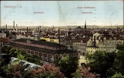 Ak Chemnitz in Sachsen, Panorama mit Markthalle, Neues Stadttheater, Petrikirche