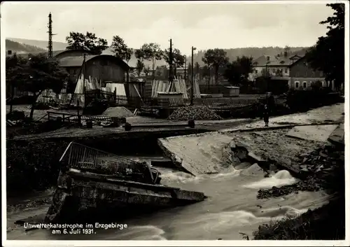 Ak Johanngeorgenstadt im Erzgebirge, Brückeneinstürz, Hochwasser 06.07.1931