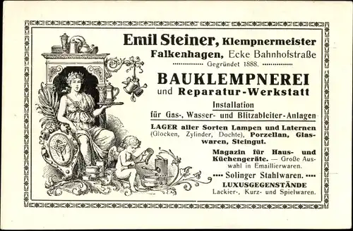 Ak Falkenhagen in der Mark, Emil Steiner Klempnermeister, Bauklempnerei, Ecke Bahnhofstraße