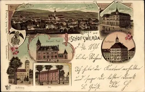 Litho Bischofswerda im Kreis Bautzen, Postamt, Hotel König Albert, Rathaus, Butterberg, Bad