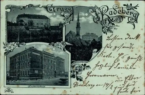 Mondschein Litho Radeberg in Sachsen, Kgl. Amtsgericht, Stadtkirche, Knabenschule