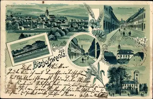 Litho Bischofswerda in Sachsen, Totale, Kirche, Bahnhof, Bahnhofstraße