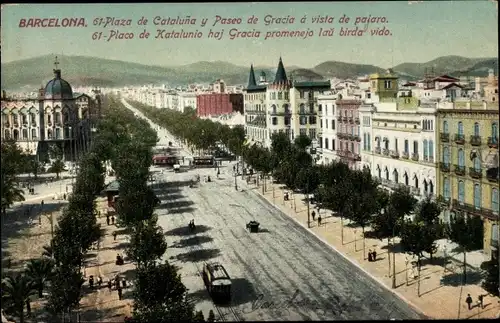 Ak Barcelona Katalonien Spanien, Plaza de Cataluña, Plaça de Catalunya y Paseo de Gracia