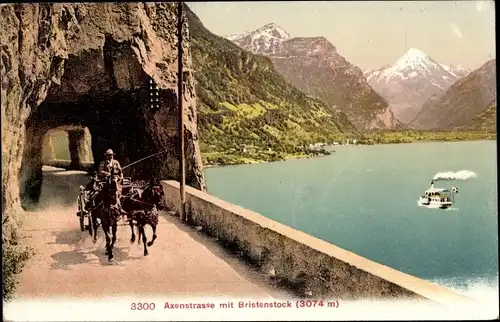 Ak Flüelen Kanton Uri Schweiz, Axenstraße, Bristenstock, Kutsche