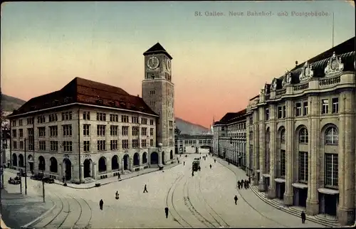 Ak Sankt Gallen Stadt Schweiz, Bahnhof und Postgebäude, Straßenbahn