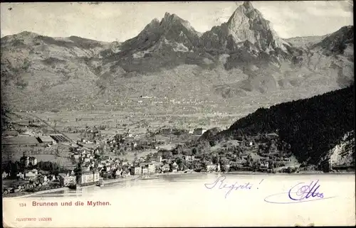 Ak Brunnen Kt Schwyz, Gesamtansicht, Mythen