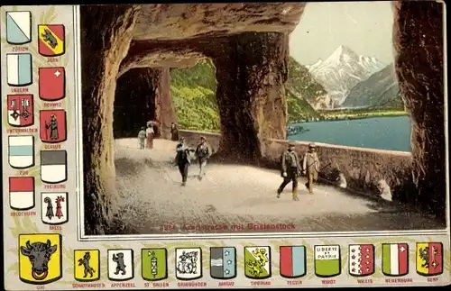 Wappen Ak Flüelen Kanton Uri Schweiz, Axenstraße, Bristenstock