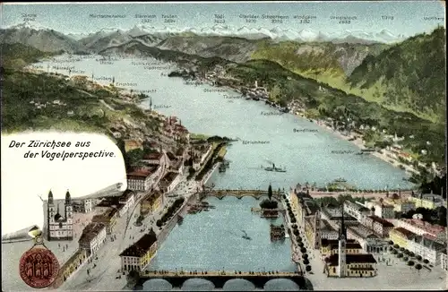 Ak Zürich Schweiz, Zürichsee aus der Vogelperspektive