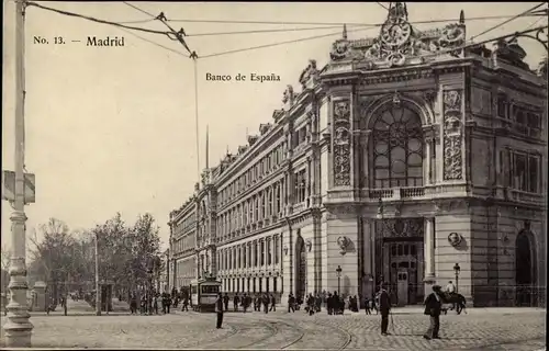 Ak Madrid Spanien, Banco de Espana, Straßenbahn