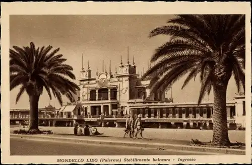 Ak Mondello Palermo Sizilien Sicilia Italien, Lido, Stabilimento balneare, Ingresso, Palmen