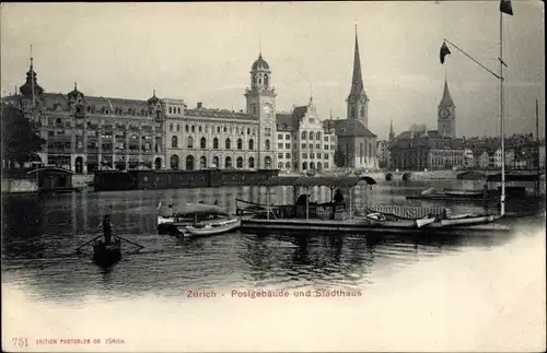 Ak Zürich Stadt Schweiz, Postgebäude und Stadthaus