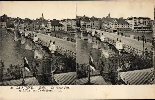 Stereo Ak Bâle Basel Stadt Schweiz, Le Vieux Pont et l'Hotel des Trois Rois