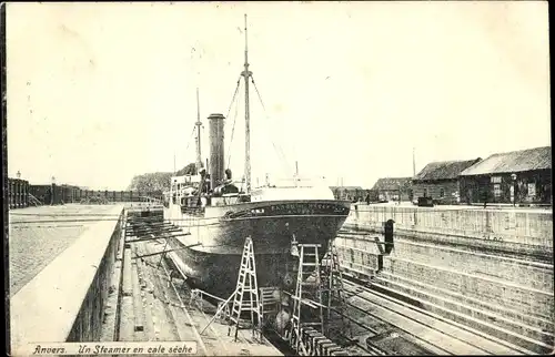 Ak Anvers Antwerpen Flandern, Un Steamer en cale seche, Baron de Macar