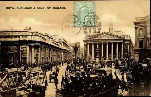 Ak London City, Royal Exchange & Bank of England, Kutschen, Straßengetümmel