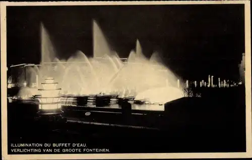 Ak Bruxelles Brüssel, Exposition, Weltausstellung 1935, Illumitation du Buffet d'Eau, Fontaine