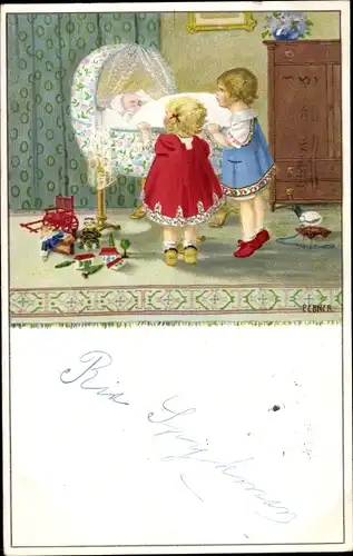 Künstler Ak Ebner, Pauli, Kinder betrachten ein Baby