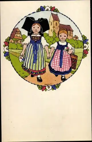Künstler Ak Hansi, Elsässer Mädchen in Trachten