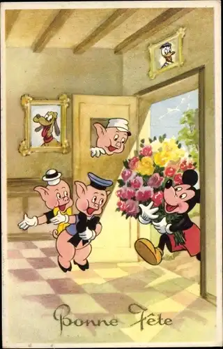Künstler Ak Walt Disney, Glückwunsch Geburtstag, Mickey Maus, Schweine
