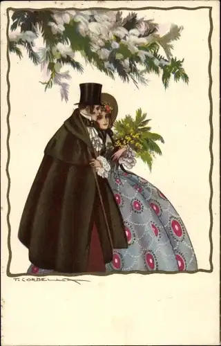 Künstler Ak Corbella, T., Liebespaar, Mann im Mantel mit Zylinder