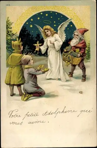 Litho Glückwunsch Weihnachten, Engel und Zwerge verteilen Geschenke