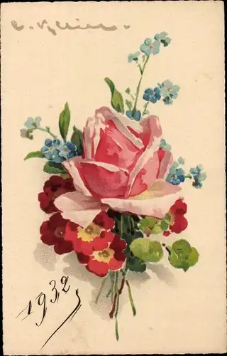 Künstler Ak Klein, C., Blumenstrauß, Rose, Vergissmeinnicht