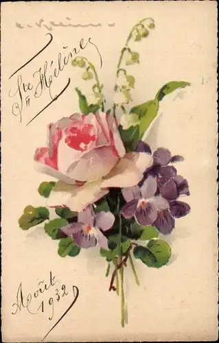 Künstler Ak Klein, Catharina, Blumenstrauß, Rose, Veilchen und Maiglöckchen