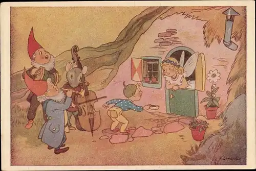 Künstler Ak Musizierende Zwerge und Maus, Elfe
