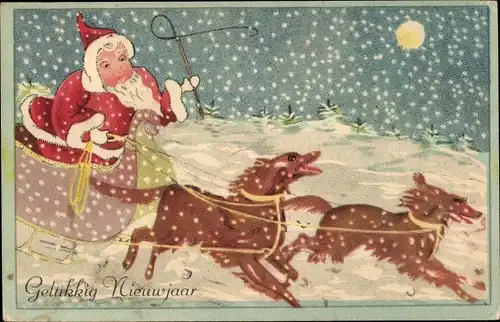 Ak Glückwunsch Neujahr, Schlitten von Hunden gezogen, Weihnachtsmann, Schnee