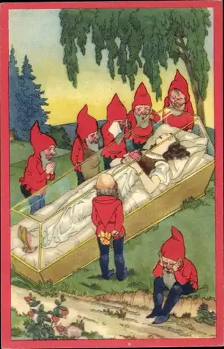 Ak Schneewittchen und traurige Zwerge, Sneeuwwitje, Daar ligt ons lief Sneeuwwitje