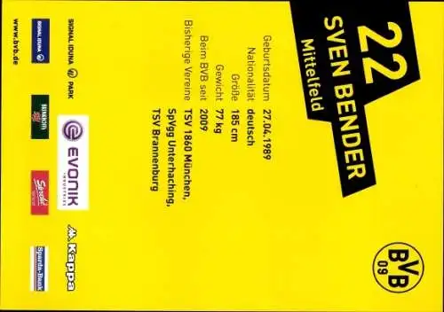 Ak Fußballer Sven Bender, Portrait, Autogramm, BVB 09