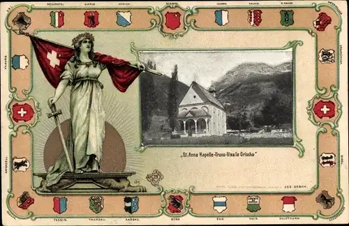 Präge Wappen Passepartout Ak Truns Kanton Graubünden, St. Anna Kapelle, Helvetia