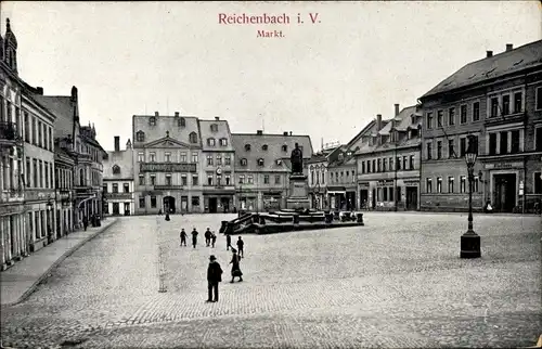 Ak Reichenbach im Vogtland, Geschäfte und Gasthöfe am Markt, Denkmal