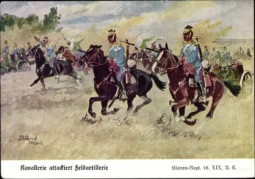 Künstler Ak Döbrich-Steglitz, Kavallerie attackiert Feldartillerie, Ulanen-Regiment 18. XIX. A. K.
