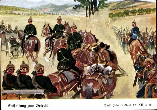Künstler Ak Döbrich Steglitz, Entfaltung zum Gefecht, Sächs. Feldartillerie Regiment 12, XII. A. K.