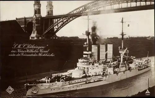 Ak Deutsches Kriegsschiff, SMS Lothringen, Kaiser Wilhelm Kanal, Grüntaler Hochbrücke